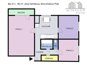 Pronájem bytu 3+1, Brno, Herčíkova, 66 m2