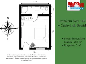 Pronájem bytu 1+kk, Čáslav - Čáslav-Nové Město, Pražská, 25 m2