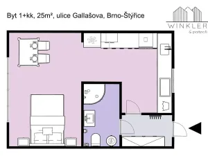 Pronájem bytu 1+kk, Brno, Gallašova, 28 m2