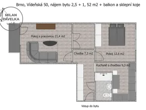 Pronájem bytu 2+1, Brno - Štýřice, Vídeňská, 52 m2