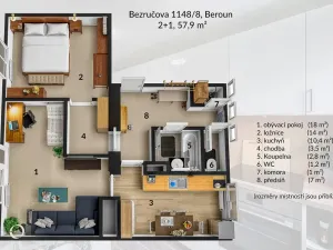 Pronájem bytu 2+1, Beroun - Beroun-Město, Bezručova, 57 m2