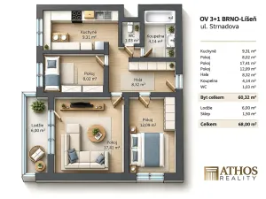 Pronájem bytu 3+1, Brno, Strnadova, 60 m2