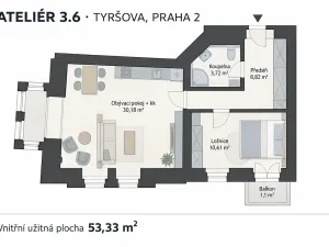 Prodej bytu 2+kk, Praha - Nové Město, Tyršova, 56 m2